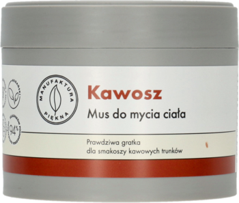 Szary słoik kawowego musu Kawosz do mycia ciała z białym logo i brązowym napisem, widok z przodu.
