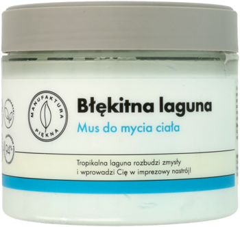 Mus do mycia ciała Błękitna laguna w białym słoiku z szarą pokrywką, niebieski tekst, widok z przodu.