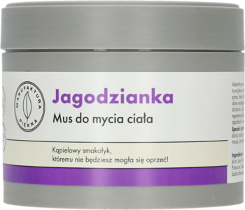 Jagodzianka Mus do mycia ciała w szarym słoiku, z fioletową nazwą na jasnej etykiecie, widok z przodu.
