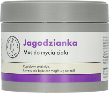 Jagodzianka Mus do mycia ciała w szarym słoiku, z fioletową nazwą na jasnej etykiecie, widok z przodu.
