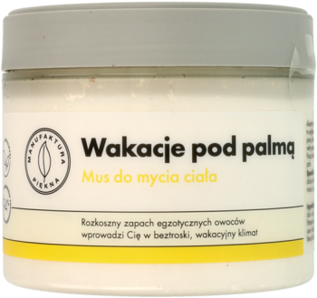 Biały słoik musu do mycia ciała "Wakacje pod palmą", z egzotycznym zapachem owoców, widok z przodu.