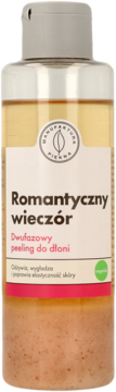Manufaktura Fiorna Romantyczny wieczór dwufazowy peeling do dłoni. Przezroczysta butelka z olejową i drobinkową warstwą.