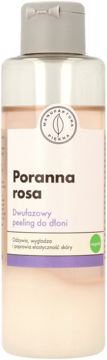 Poranna rosa dwufazowy peeling do dłoni, jasnoróżowa butelka z białą etykietą, logo Manufaktura Piękna, przód.