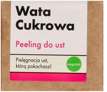 Przód brązowego opakowania cukrowego peelingu do ust Wata Cukrowa, z różowym napisem i zieloną etykietą wegańską.