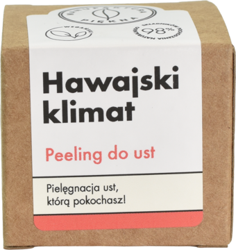 Pudełko brązowego cukrowego peelingu do ust 'Hawajski klimat', biała etykieta, widok z przodu.