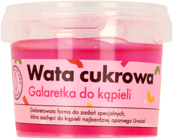 Różowa galaretka do kąpieli Wata cukrowa w okrągłym, przezroczystym słoiku, widok z przodu.