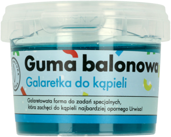 Przezroczysty pojemnik z turkusową galaretką do kąpieli Guma balonowa, z etykietą, widok z przodu.
