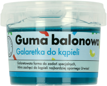 Przezroczysty pojemnik z turkusową galaretką do kąpieli Guma balonowa, z etykietą, widok z przodu.