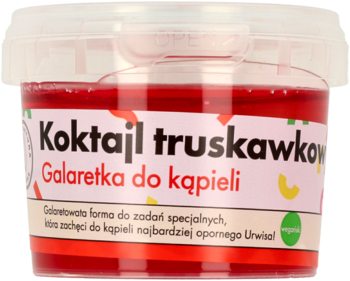 Czerwona galaretka do kąpieli truskawkowa w przezroczystym słoiku z różowo-białą etykietą, widok z przodu na etykietę.