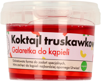 Czerwona galaretka do kąpieli truskawkowa w przezroczystym słoiku z różowo-białą etykietą, widok z przodu na etykietę.