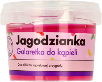 Różowa galaretka do kąpieli Jagodzianka w przezroczystym słoiku, widok z przodu. Etykieta z napisem "Dwa oblicza".