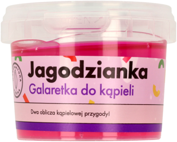 Różowa galaretka do kąpieli Jagodzianka w przezroczystym słoiku, widok z przodu. Etykieta z napisem "Dwa oblicza".