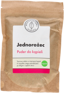 Puder do kąpieli Jednorożec Manufaktura Piękna, brązowa torebka z białą etykietą i różowym napisem, widok z przodu.