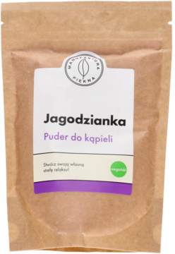 Jagodzianka puder do kąpieli w brązowej papierowej torebce z białą etykietą i fioletowym napisem, widok z przodu.
