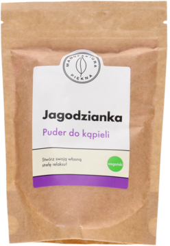 Jagodzianka puder do kąpieli w brązowej papierowej torebce z białą etykietą i fioletowym napisem, widok z przodu.