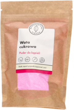 Musujący puder do kąpieli, wata cukrowa, w brązowej torebce, widok z przodu, z widocznym różowym proszkiem.