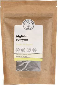 Brązowa torebka Manufaktura Piękna Mglisra cytryna puder do kąpieli, z białą etykietą, widok z przodu.