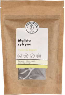 Brązowa torebka Manufaktura Piękna Mglisra cytryna puder do kąpieli, z białą etykietą, widok z przodu.
