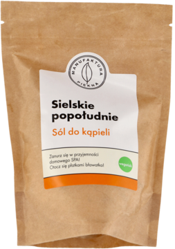 Brązowa papierowa torebka soli do kąpieli Manufaktura Piękna "Sielskie popołudnie", z białą etykietą, widok z przodu.