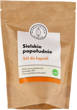 Brązowa papierowa torebka soli do kąpieli Manufaktura Piękna "Sielskie popołudnie", z białą etykietą, widok z przodu.