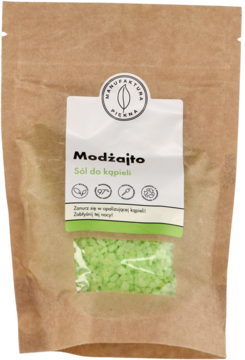 Modżajto sól do kąpieli o zapachu Mojito w brązowej papierowej torbie z zielonymi kryształkami, widok z przodu.