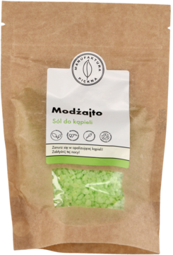 Modżajto sól do kąpieli o zapachu Mojito w brązowej papierowej torbie z zielonymi kryształkami, widok z przodu.