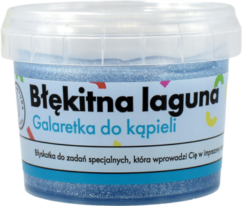 Błękitna laguna galaretka do kąpieli w przezroczystym słoiku, błyszcząca na niebiesko, widok z przodu.