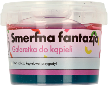 Smerfna fantazja Galaretka do kąpieli w przezroczystym pojemniku, różowo-fioletowa, z kolorową etykietą, widok z przodu.
