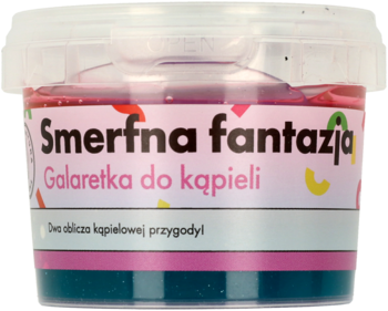 Smerfna fantazja Galaretka do kąpieli w przezroczystym pojemniku, różowo-fioletowa, z kolorową etykietą, widok z przodu.