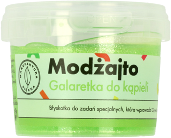 Modżajto Galaretka do kąpieli: zielona, brokatowa masa w przezroczystym słoiku z zieloną zakrętką, widok z przodu.