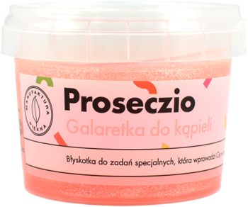 Różowa, brokatowa galaretka do kąpieli Proseczio o zapachu prosecco truskawkowego, w okrągłym, plastikowym pojemniku.