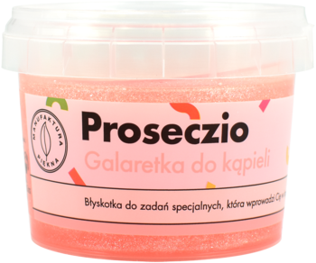 Przezroczysty słoik z różową, brokatową galaretką do kąpieli Proseccio truskawkowe, widok z przodu na białym tle.