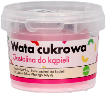 Różowa ciastolina do kąpieli Wata cukrowa, mydło w przezroczystym tubie z etykietą, widok z przodu.