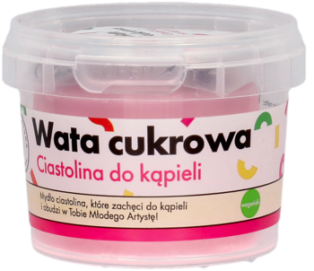 Różowa ciastolina do kąpieli Wata cukrowa, mydło w przezroczystym tubie z etykietą, widok z przodu.