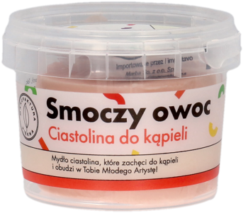 Przezroczysty pojemnik z mydlaną ciastoliną do kąpieli Smoczy Owoc w kolorze brzoskwiniowym, widok z przodu.