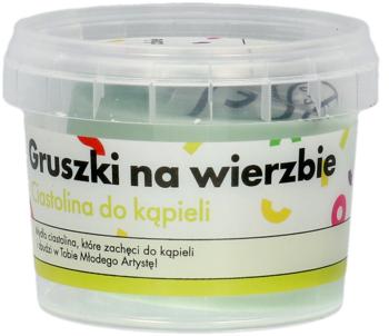 Jasnozielone mydło ciastolina do kąpieli Gruszki na wierzbie w przezroczystym okrągłym opakowaniu, widok z przodu.