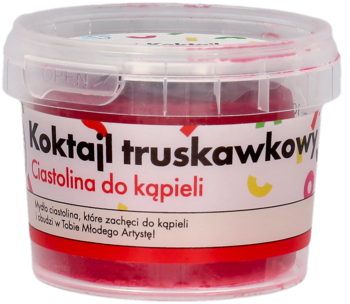 Czerwone mydło ciastolina do kąpieli o zapachu truskawkowym w przezroczystej okrągłej tubce, widok z przodu.