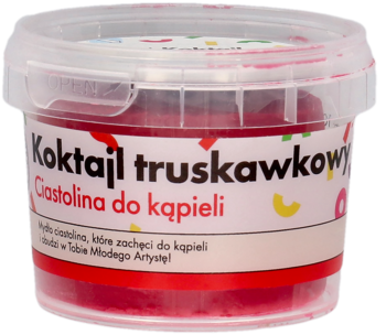 Czerwone mydło ciastolina do kąpieli o zapachu truskawkowym w przezroczystej okrągłej tubce, widok z przodu.