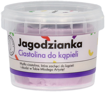 Fioletowa Jagodzianka Ciastolina do kąpieli o zapachu jagód, w przezroczystym plastikowym słoiku.