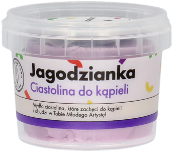 Fioletowa Jagodzianka Ciastolina do kąpieli o zapachu jagód, w przezroczystym plastikowym słoiku.