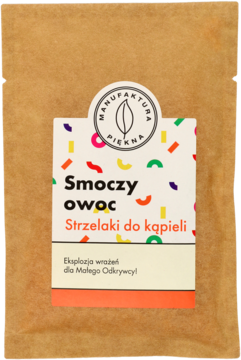 Brązowa saszetka Manufaktura Piękna, strzelaki do kąpieli Smoczy owoc z kolorową etykietą, widok z przodu.