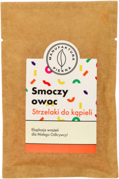 Brązowa saszetka Manufaktura Piękna, strzelaki do kąpieli Smoczy owoc z kolorową etykietą, widok z przodu.