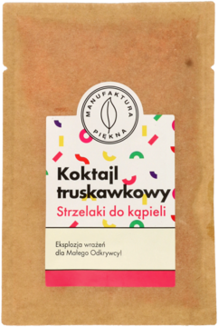 Brązowa torebka Manufaktura Piękna, z kolorową etykietą "Strzelaki do kąpieli" o zapachu truskawkowym.