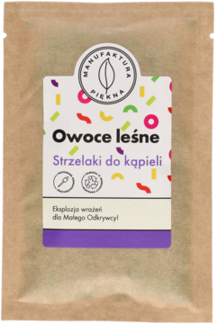 Brązowa papierowa saszetka z etykietą Strzelaki do kąpieli Owoce leśne, kolorowy wzór, widok z przodu.