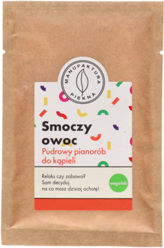 Pudrowy pianorób Smoczy Owoc do kąpieli w brązowej kopercie kraft z kolorową etykietą, widok z przodu.