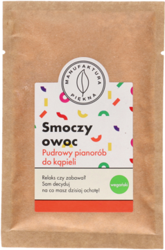 Pudrowy pianorób Smoczy Owoc do kąpieli w brązowej kopercie kraft z kolorową etykietą, widok z przodu.