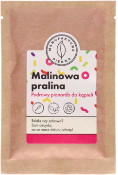 Pudrowy pianorób do kąpieli Malinowa pralina w brązowej saszetce Manufaktura Piękna, widok z przodu.