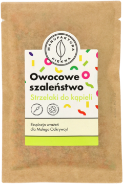 Brązowa saszetka „Strzelaki do kąpieli Owocowe szaleństwo” z kolorową etykietą, widok z przodu.