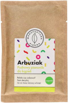 Frontowy widok Arbuziak pudrowy pianorób do kąpieli, biała saszetka z kolorowym wzorem w brązowej kopercie.