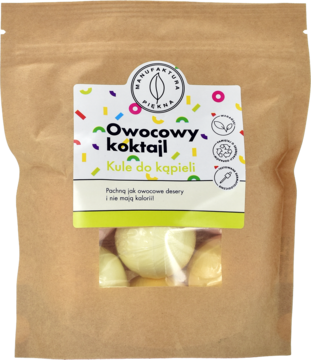 Brązowa torebka z kulami do kąpieli Owocowy Koktajl Manufaktura Piękna, z przodu, przezroczyste okno z jasnymi kulami.